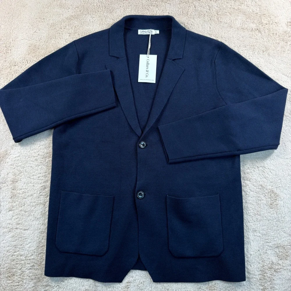 Collars & Co Mens Small Luxury Knit Blazer Navy Blue Merino Wool NWT